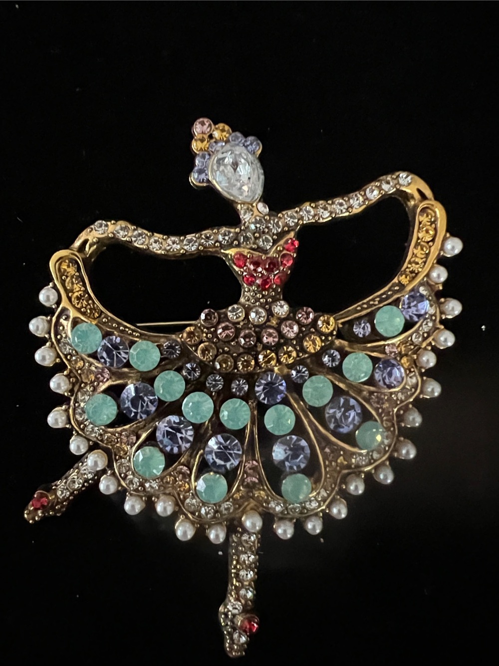 Gold-Tone Crystal Ballerina Brooch with Mint and Lavender Stones